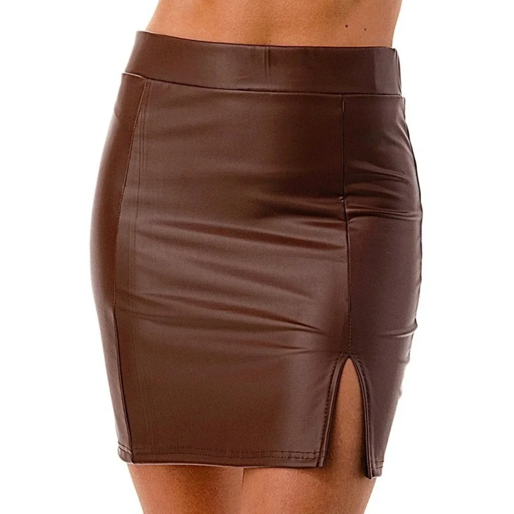 Sexy Brown Faux Leather Mini Skirt Side Thigh Slit High Waist Bodycon Size Small
